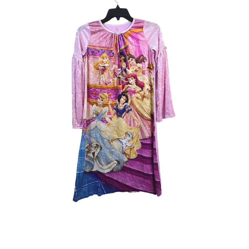 Y2K Disney Girls Pink Crushed Velvet Princess Bell Sleeve Nightgown Pajama Large